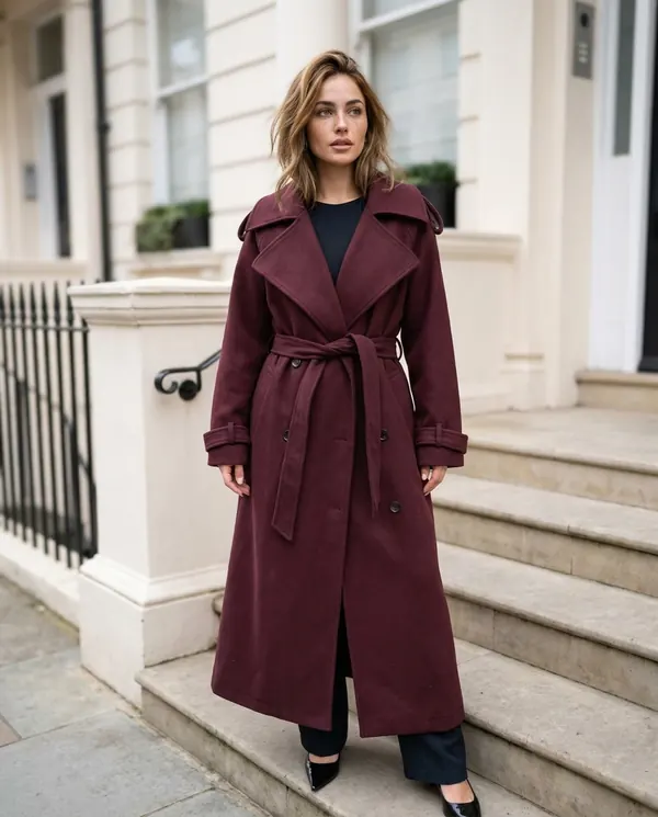Satin Eve styling: Belted Double-Breasted Long Wool-Look Coat