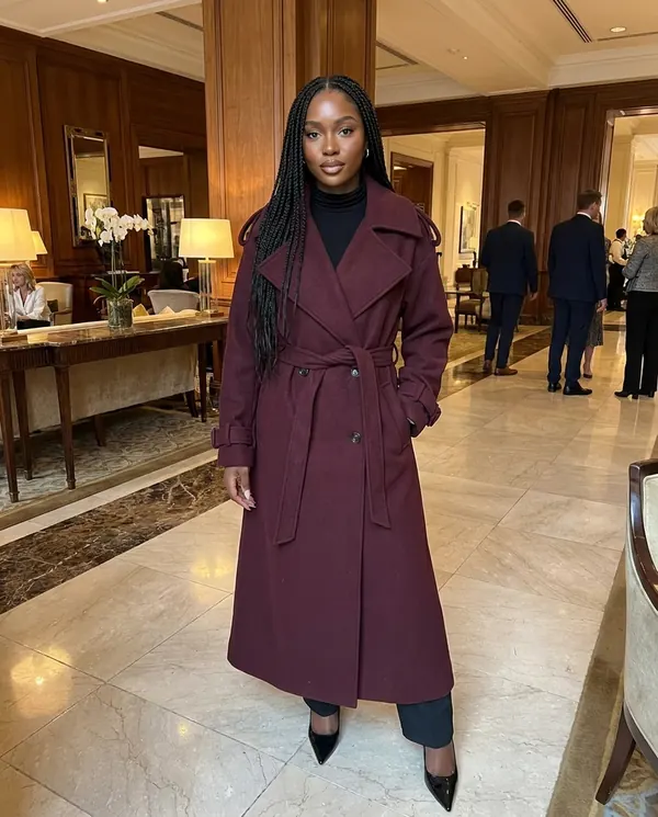Satin Eve styling: Belted Double-Breasted Long Wool-Look Coat