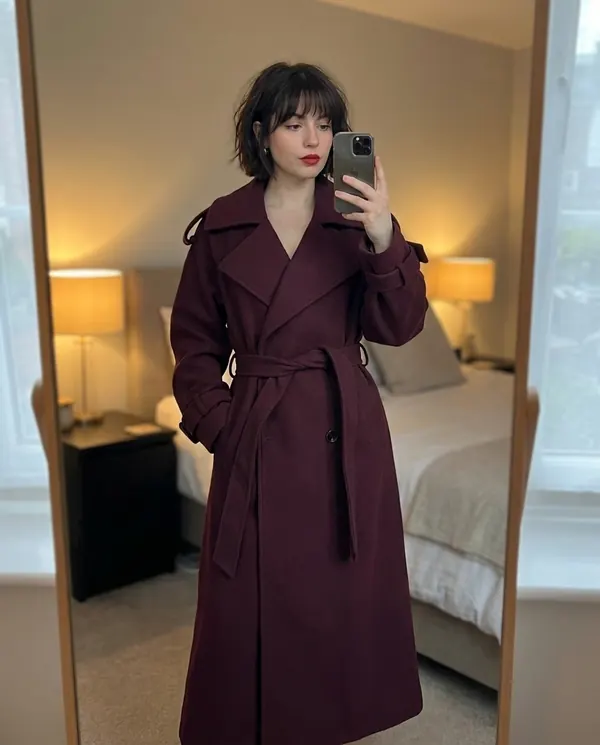 Satin Eve styling: Belted Double-Breasted Long Wool-Look Coat