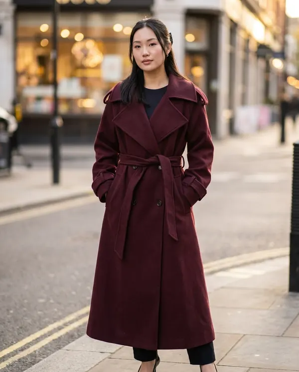 Satin Eve styling: Belted Double-Breasted Long Wool-Look Coat