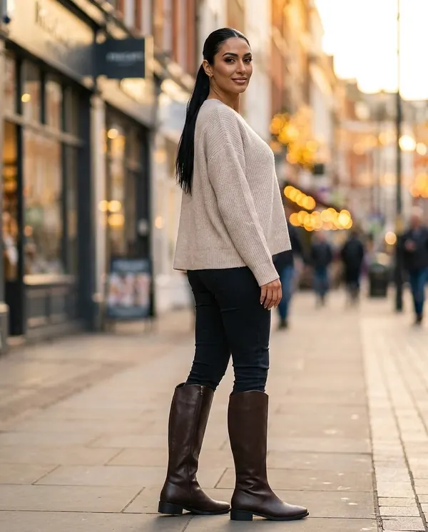 Satin Eve styling: Pointed Low-Heel Knee-High Boot