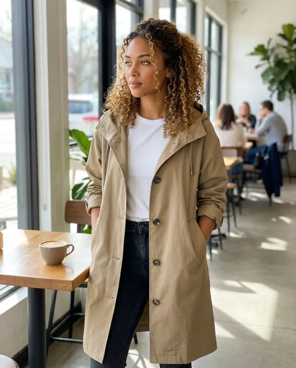 Satin Eve styling: Hooded Trench Coat