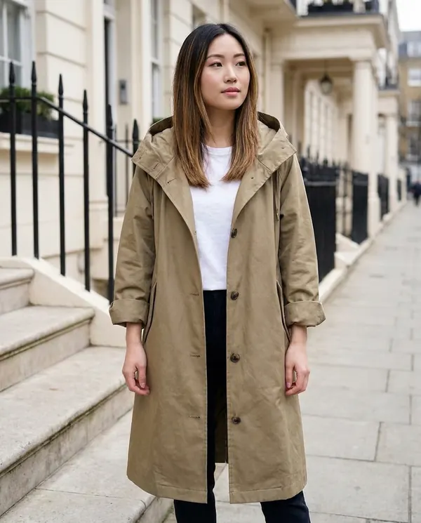 Satin Eve styling: Hooded Trench Coat