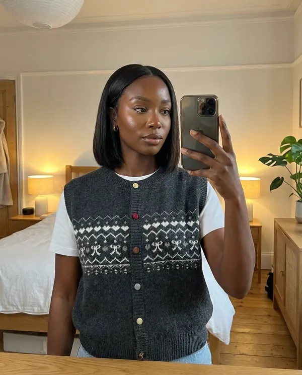 Satin Eve styling: Fair Isle Bow Button Knit Vest