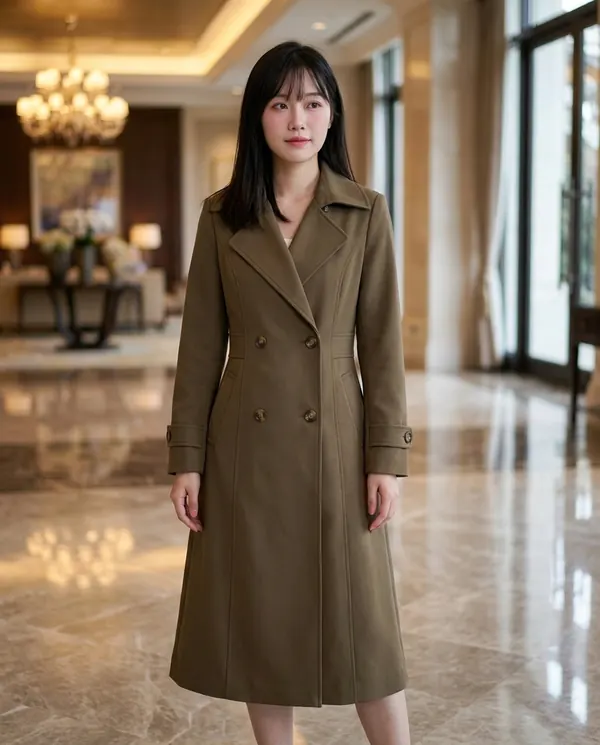 Satin Eve styling: Double-Breasted Long Trench Coat