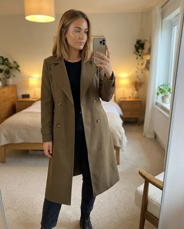Satin Eve styling: Double-Breasted Long Trench Coat