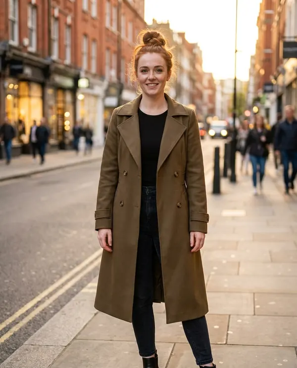 Satin Eve styling: Double-Breasted Long Trench Coat
