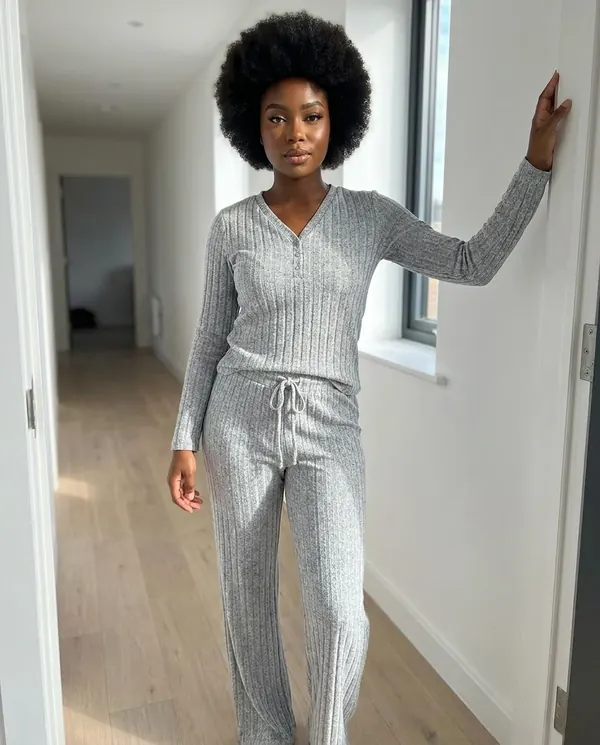 Satin Eve styling: Rib Knit V-Neck Top and Wide-Leg Trouser Set