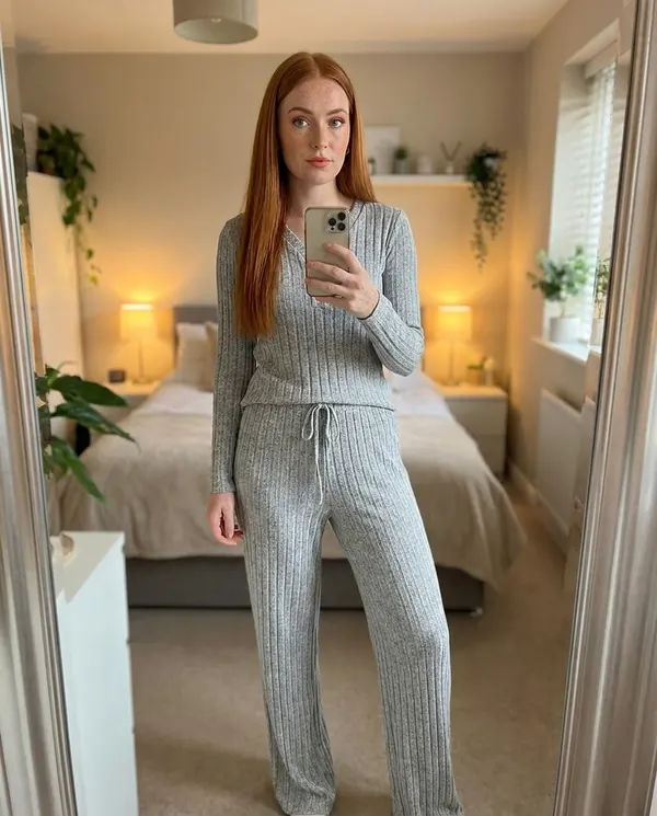 Satin Eve styling: Rib Knit V-Neck Top and Wide-Leg Trouser Set