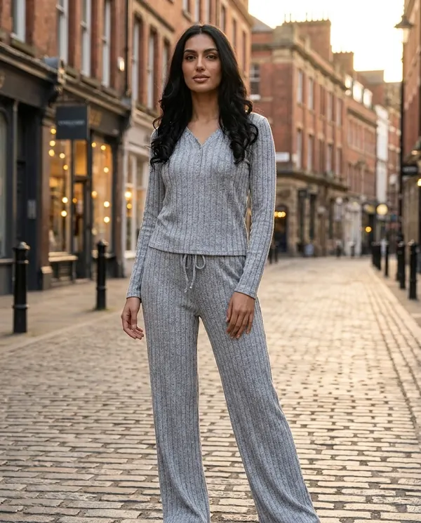 Satin Eve styling: Rib Knit V-Neck Top and Wide-Leg Trouser Set