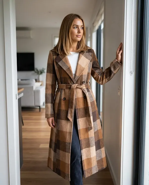 Satin Eve styling: Belted Check Wool-Look Trench Coat