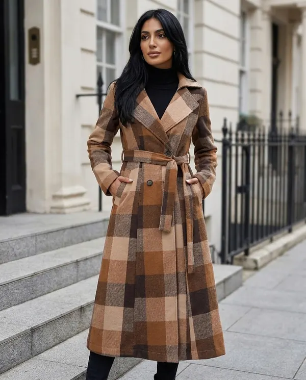 Satin Eve styling: Belted Check Wool-Look Trench Coat