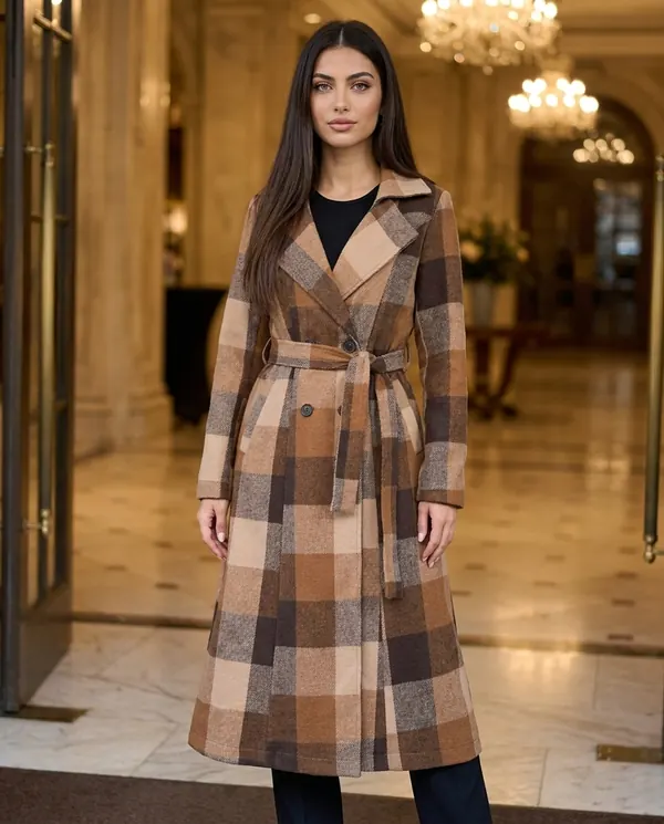 Satin Eve styling: Belted Check Wool-Look Trench Coat