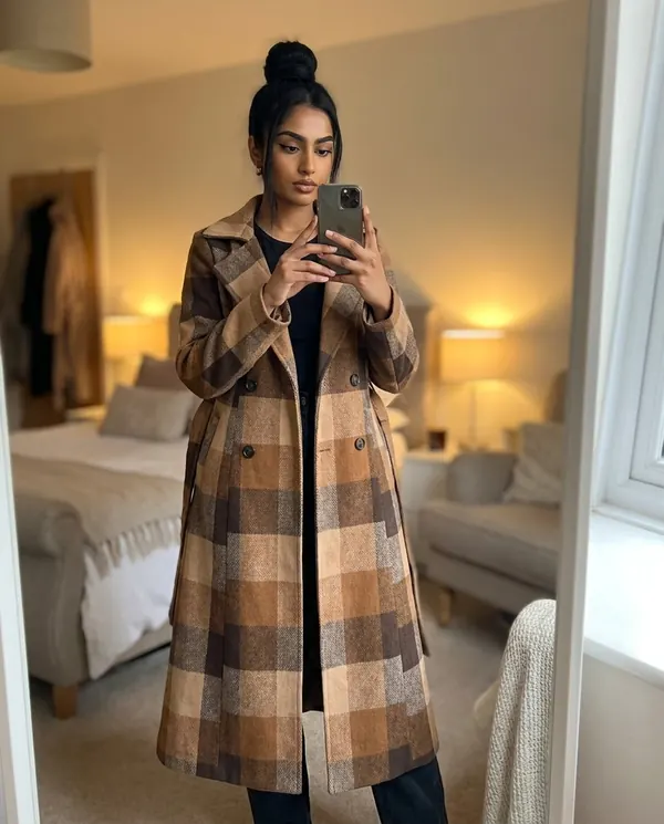 Satin Eve styling: Belted Check Wool-Look Trench Coat