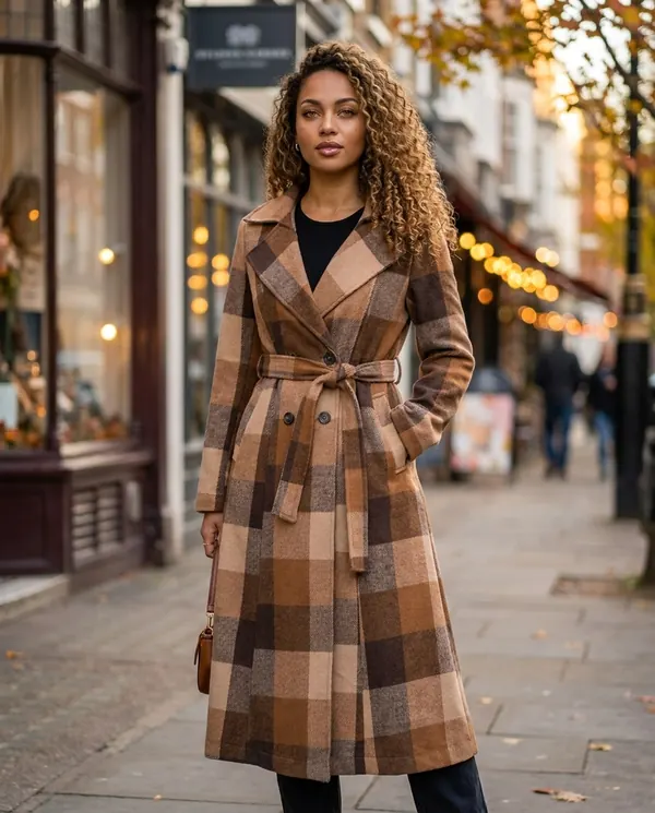 Satin Eve styling: Belted Check Wool-Look Trench Coat