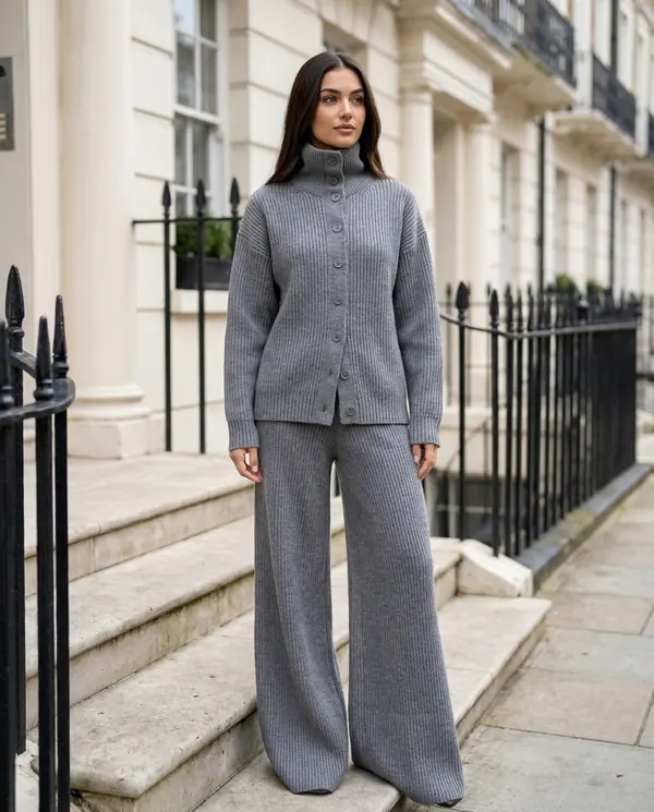 Satin Eve styling: Roll Neck Button Cardigan and Wide-Leg Knit Set