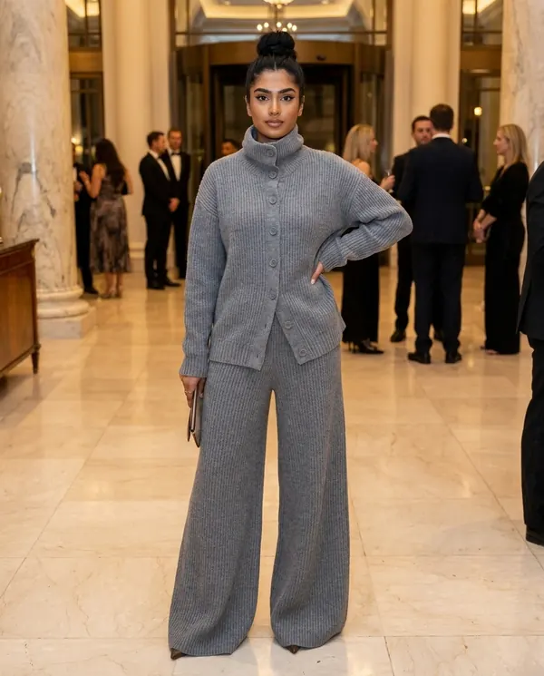 Satin Eve styling: Roll Neck Button Cardigan and Wide-Leg Knit Set