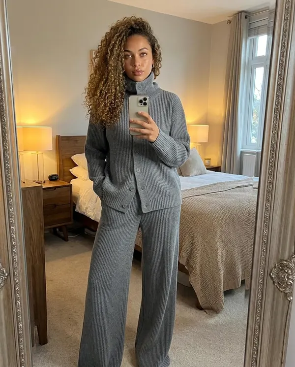 Satin Eve styling: Roll Neck Button Cardigan and Wide-Leg Knit Set