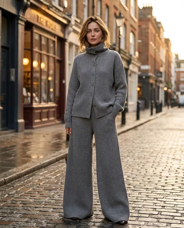 Satin Eve styling: Roll Neck Button Cardigan and Wide-Leg Knit Set