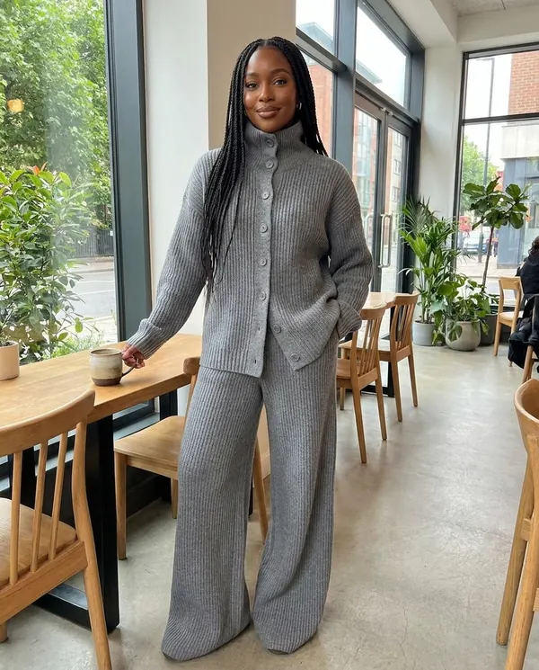 Satin Eve styling: Roll Neck Button Cardigan and Wide-Leg Knit Set