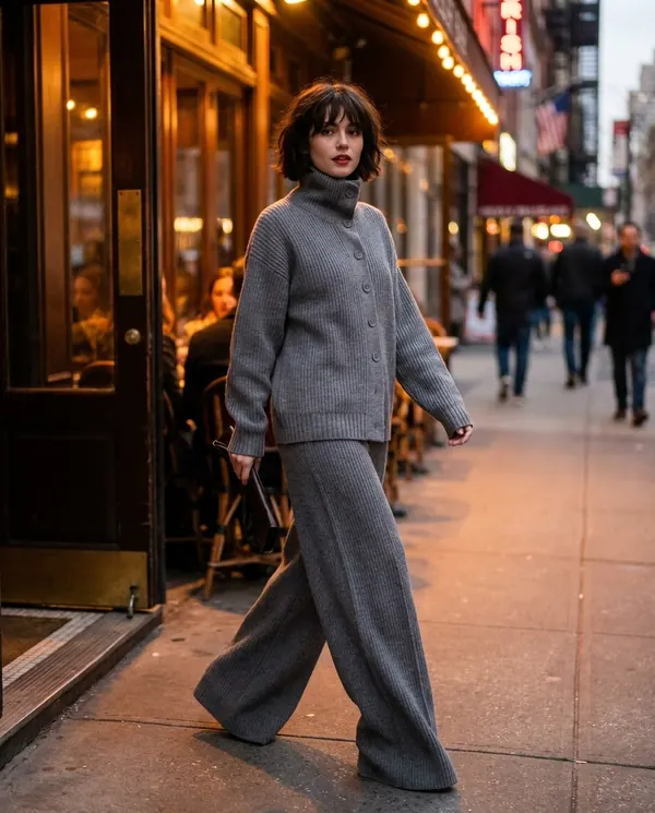 Satin Eve styling: Roll Neck Button Cardigan and Wide-Leg Knit Set
