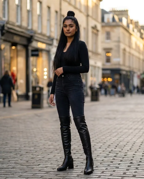 Satin Eve styling: Stretch Over-the-Knee Block-Heel Boot