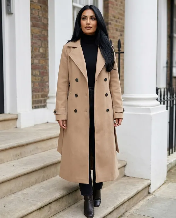 Satin Eve styling: Long Belted Double-Breasted Trench