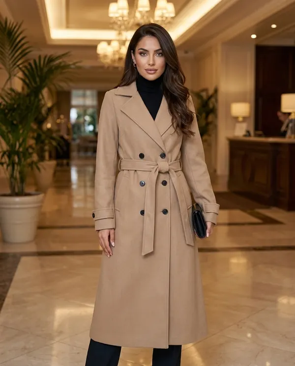 Satin Eve styling: Long Belted Double-Breasted Trench