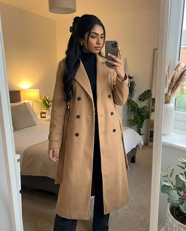 Satin Eve styling: Long Belted Double-Breasted Trench