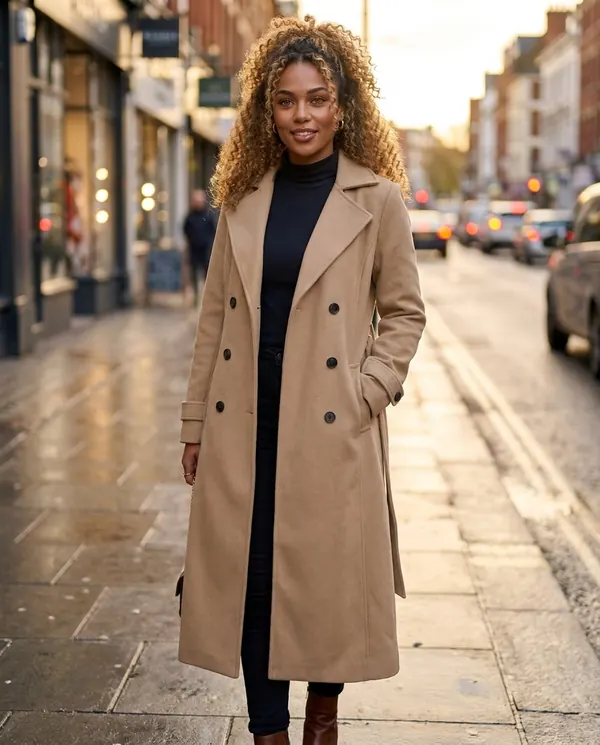 Satin Eve styling: Long Belted Double-Breasted Trench