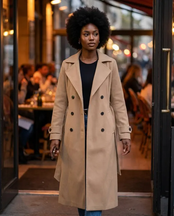 Satin Eve styling: Long Belted Double-Breasted Trench