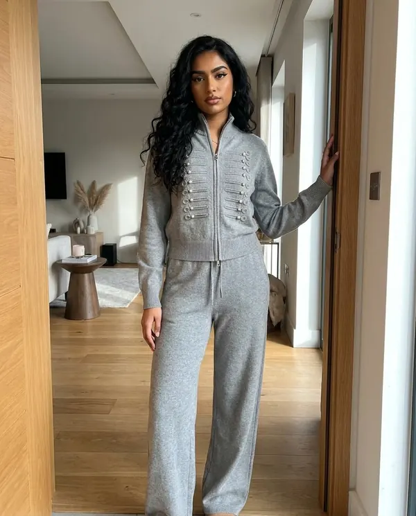 Satin Eve styling: Beaded Zip Cardigan and Wide-Leg Trouser Set