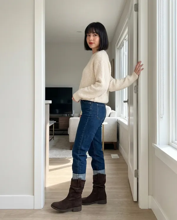 Satin Eve styling: Faux Suede Slouch Western Boot