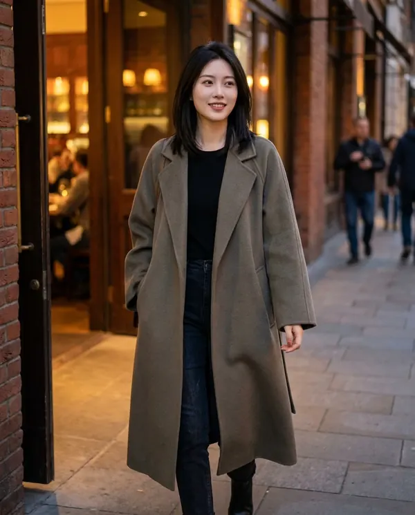 Satin Eve styling: Oversized Olive-Grey Wool-Look Coat