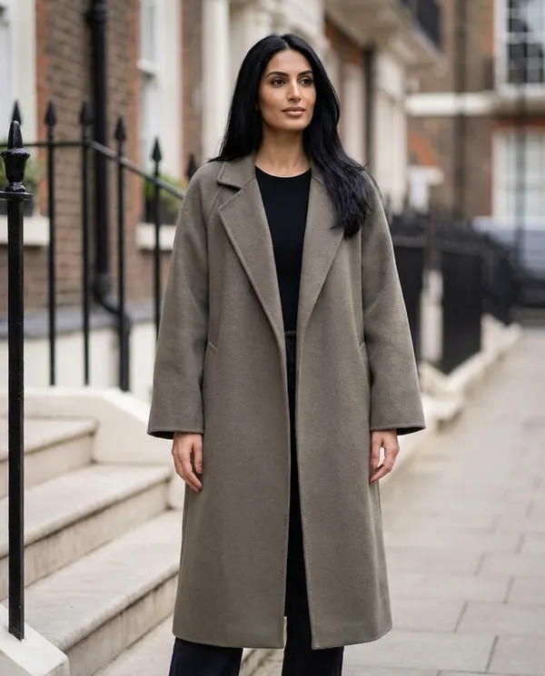 Satin Eve styling: Oversized Olive-Grey Wool-Look Coat