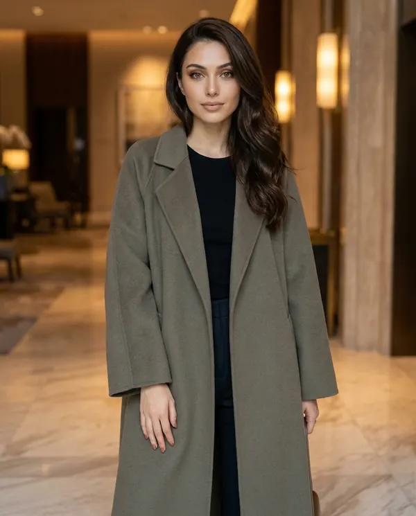 Satin Eve styling: Oversized Olive-Grey Wool-Look Coat