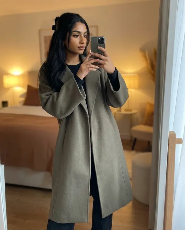 Satin Eve styling: Oversized Olive-Grey Wool-Look Coat