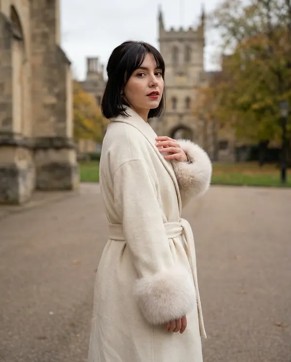Satin Eve styling: Cream Wrap Coat with Faux Fur Cuffs