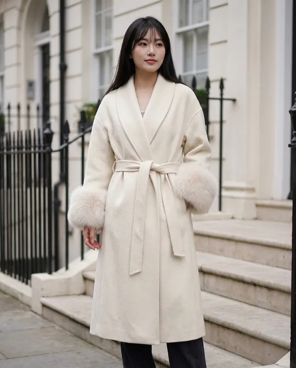 Satin Eve styling: Cream Wrap Coat with Faux Fur Cuffs