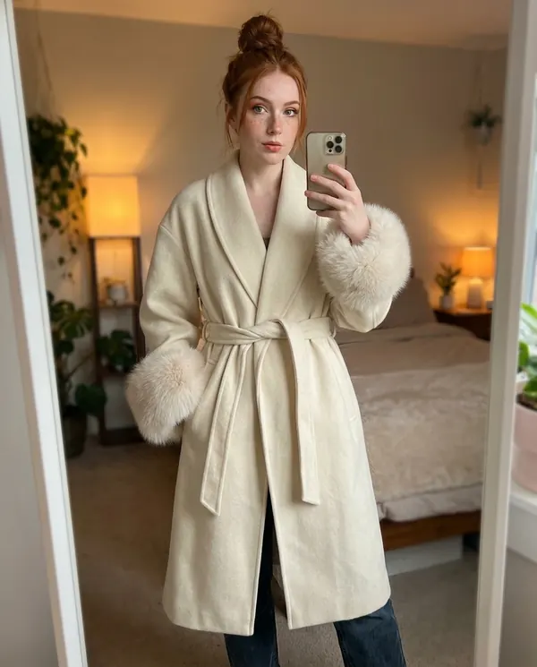 Satin Eve styling: Cream Wrap Coat with Faux Fur Cuffs
