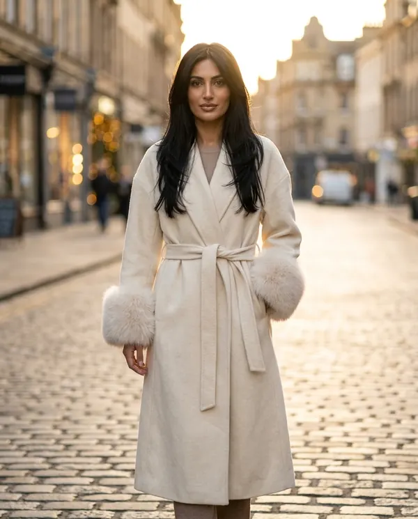 Satin Eve styling: Cream Wrap Coat with Faux Fur Cuffs