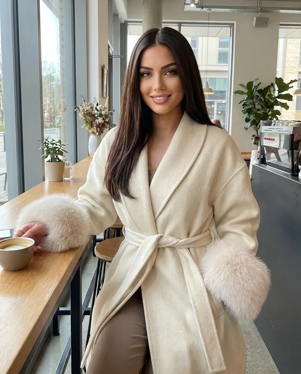 Satin Eve styling: Cream Wrap Coat with Faux Fur Cuffs