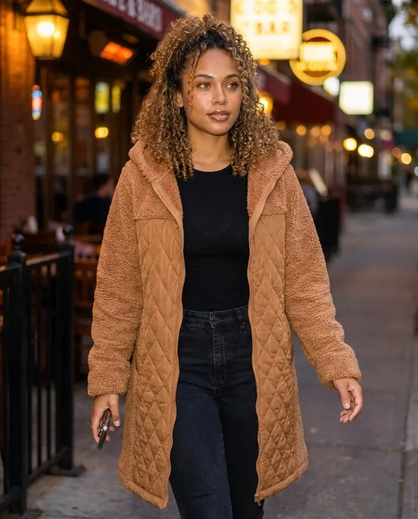 Satin Eve styling: Quilted Teddy Hooded Coat