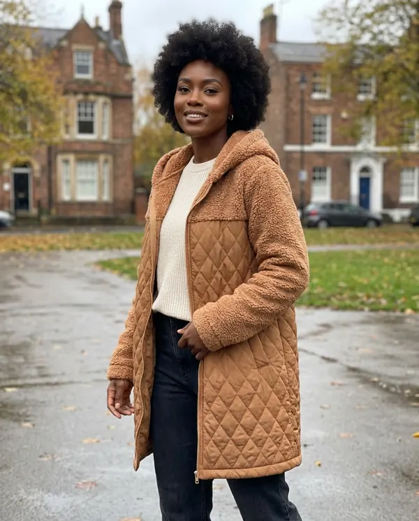 Satin Eve styling: Quilted Teddy Hooded Coat