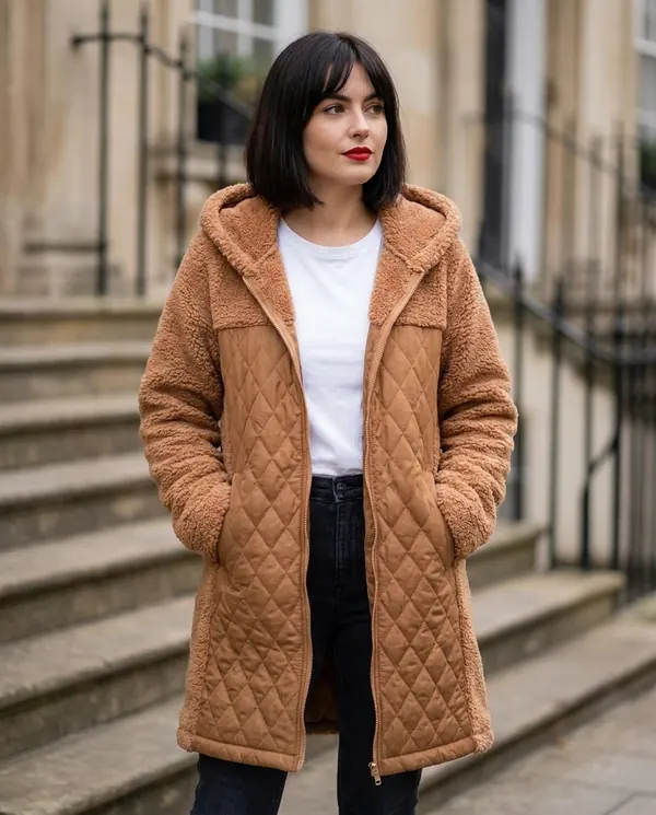 Satin Eve styling: Quilted Teddy Hooded Coat