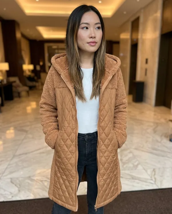 Satin Eve styling: Quilted Teddy Hooded Coat