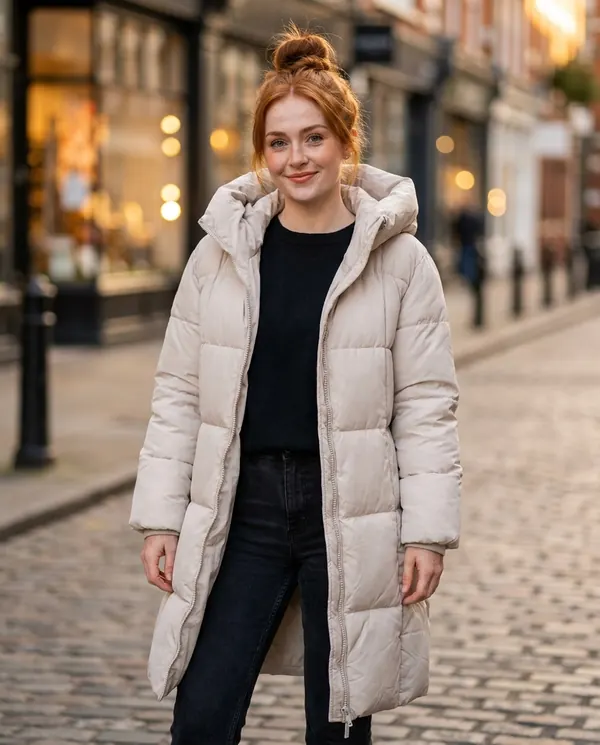 Satin Eve styling: Straight Hooded Puffer Coat