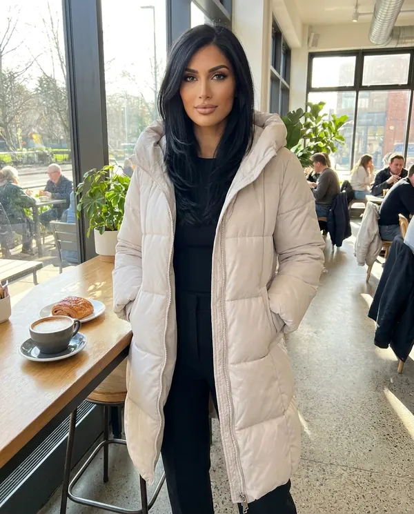Satin Eve styling: Straight Hooded Puffer Coat