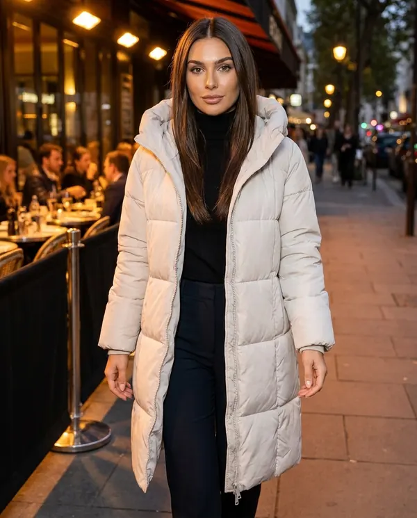 Satin Eve styling: Straight Hooded Puffer Coat