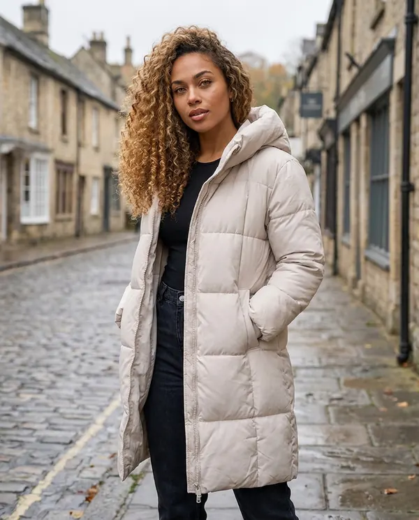 Satin Eve styling: Straight Hooded Puffer Coat